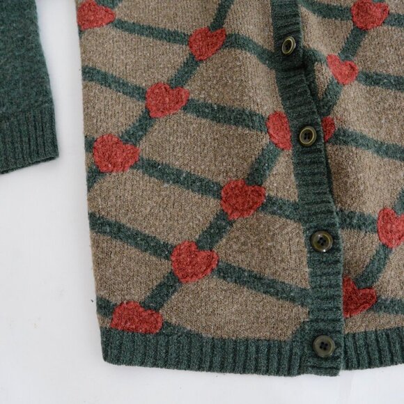 Vintage Fasilli Green & Tan w Red Hearts Knit Button Up Cardigan Sweater Size S - Picture 7 of 11